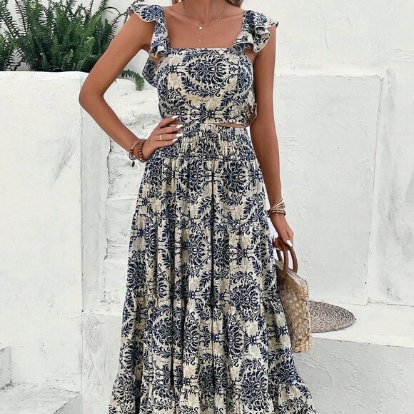 Multicolor Casual Womens Allover Print Ruffle Trim Top & Skirt - Picture 4 of 5